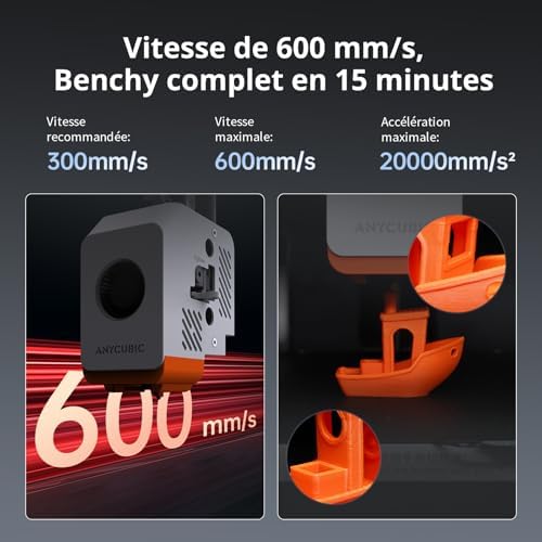 Vitesse max 600 mm/s, benchy complet en 15 min (vitesse recommandée 300 mm/s)